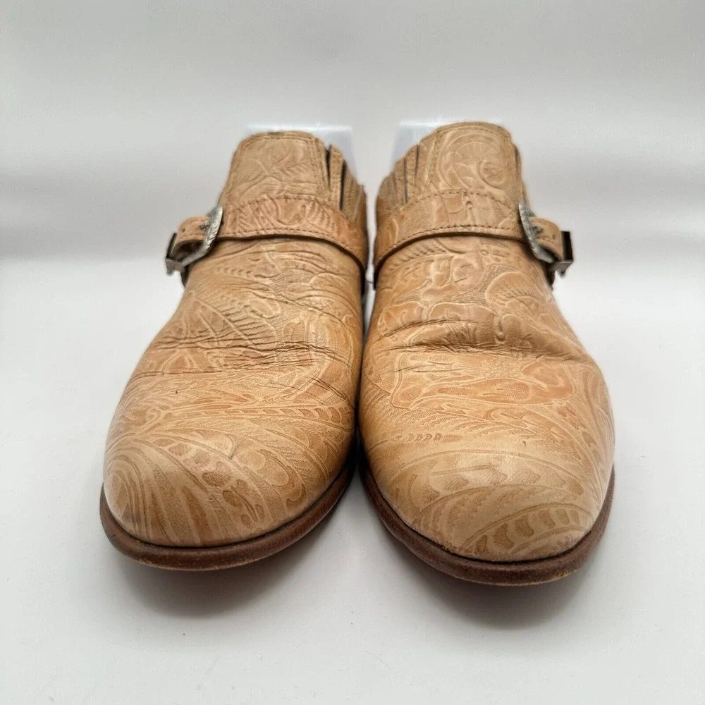 Justin Loafers Shoes Mens Size 8C‎ Narrow Tan Leather Tooled Monk Strap Western